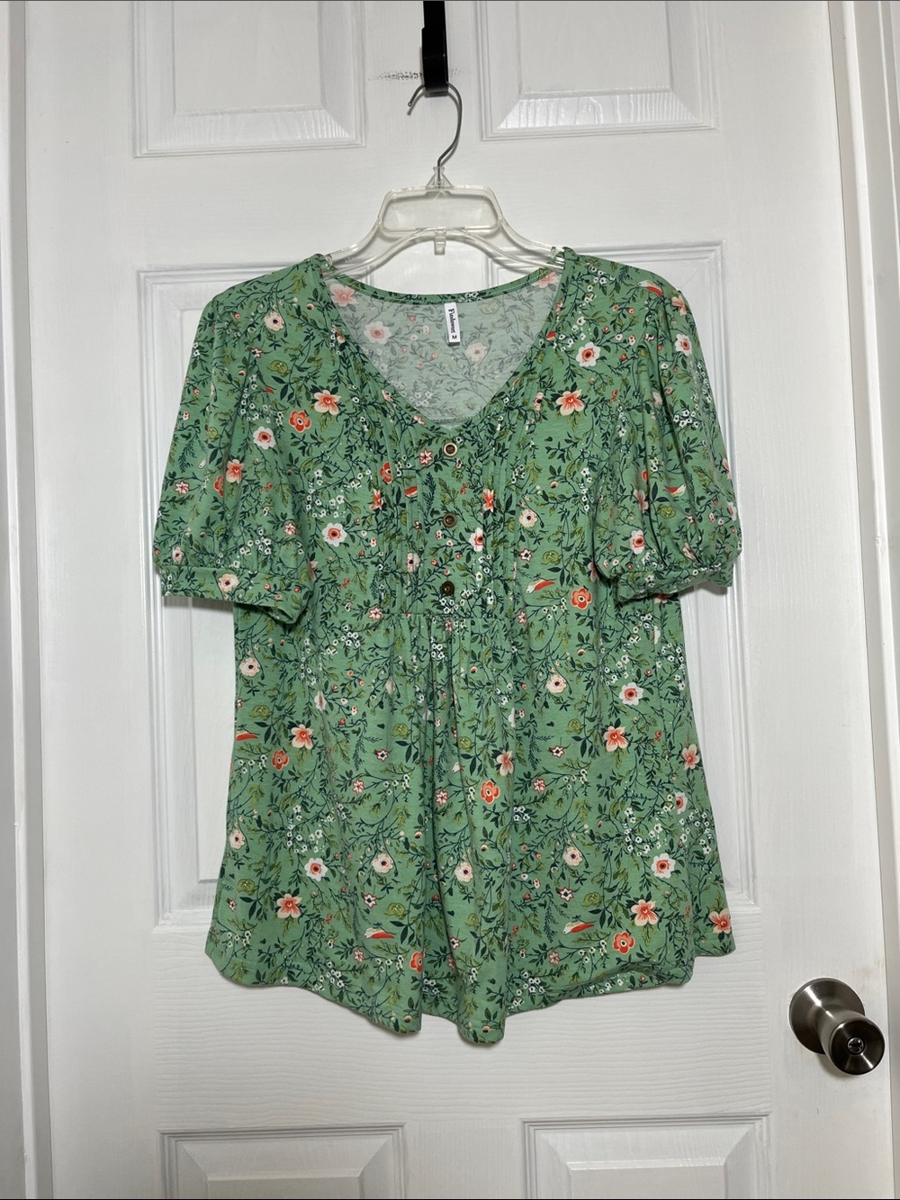 Findsweet Green Floral V-Neck Babydoll Blouse